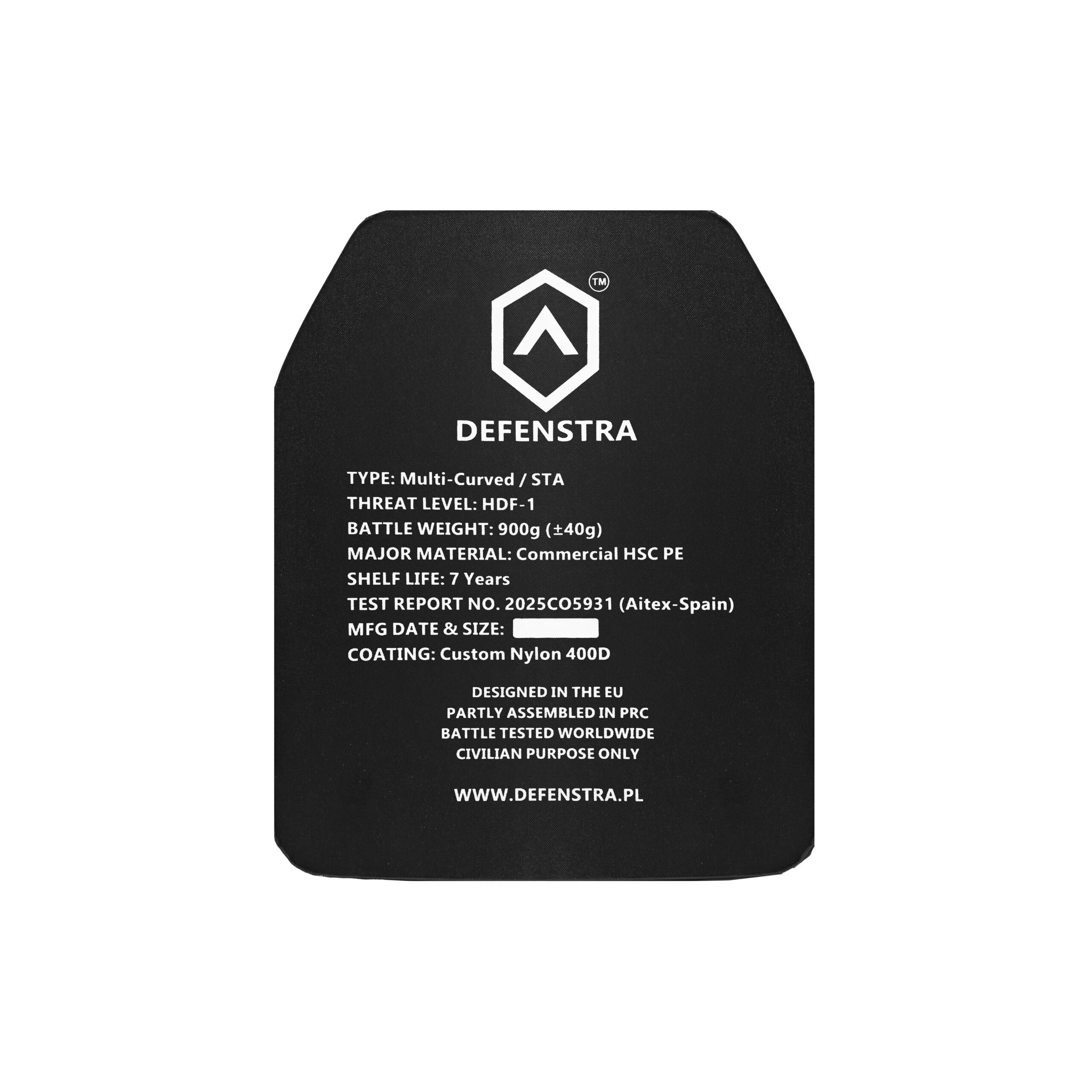 Defenstra HDF-1 Eco line Hard plate balistic płyta balistyczna Aitex PPE Level IIIA miękka płyta LEO Policja ratownik Police